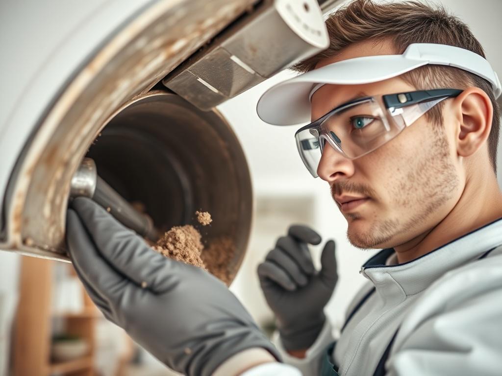 **AI Image Generation Prompt:**

Create a realistic high-resolution photo that emphasizes the importance of air duct cleaning. The composition should feature a close-up shot of a professional technician in action, meticulously cleaning an air duct. The technician should be wearing a clean uniform with safety goggles and gloves, showcasing a focused and diligent expression. 

The air duct should be prominently displayed, revealing its interior with dust and debris being extracted, highlighting the transforma