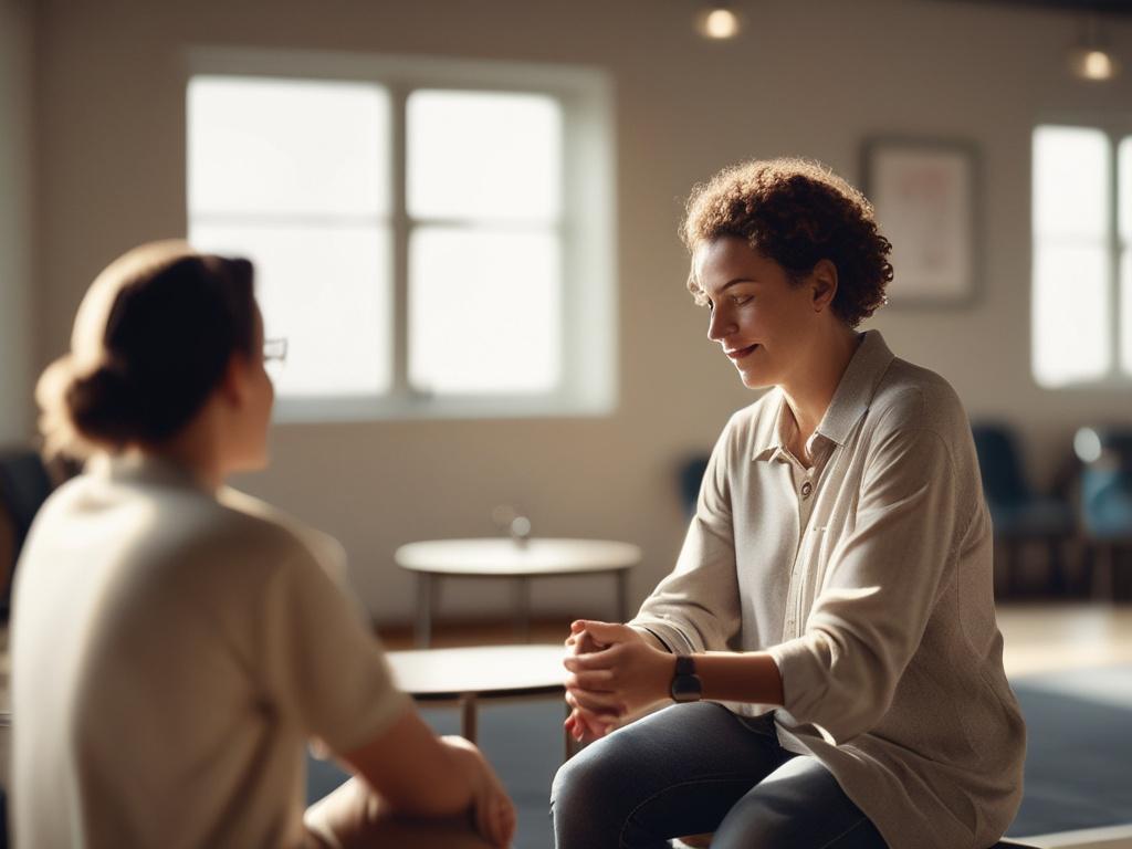 A calm and serene coaching session taking place in a softly lit room. The focus is on a teacher engaged in a one-on-one conversation with a supportive coach, who is attentively listening. The background features a comfortable setting with warm, muted colors and gentle lighting, creating an atmosphere of tranquility and focus. The teacher looks relaxed and open, conveying a sense of trust and connection with the coach.