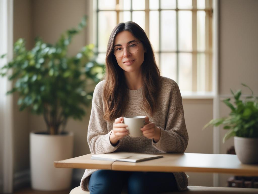 A serene image of a teacher sitting in a comfortable,