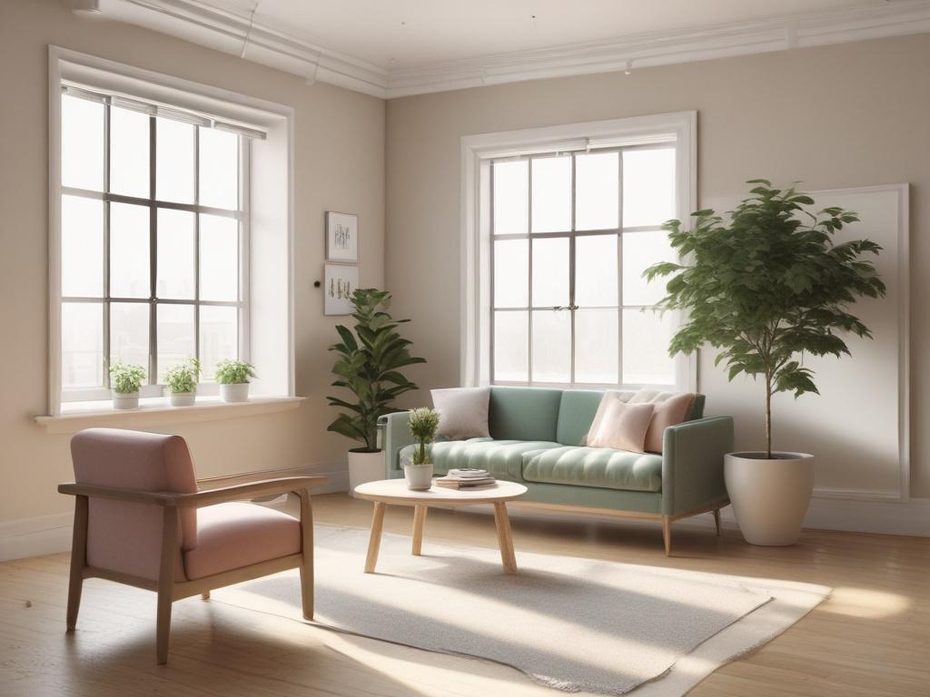 A serene coaching session in a softly lit room, featuring a calm and supportive coach engaging with a teacher. The setting includes comfortable chairs, a small table with a plant, and gentle natural light filtering through a window. The atmosphere feels peaceful and inviting.