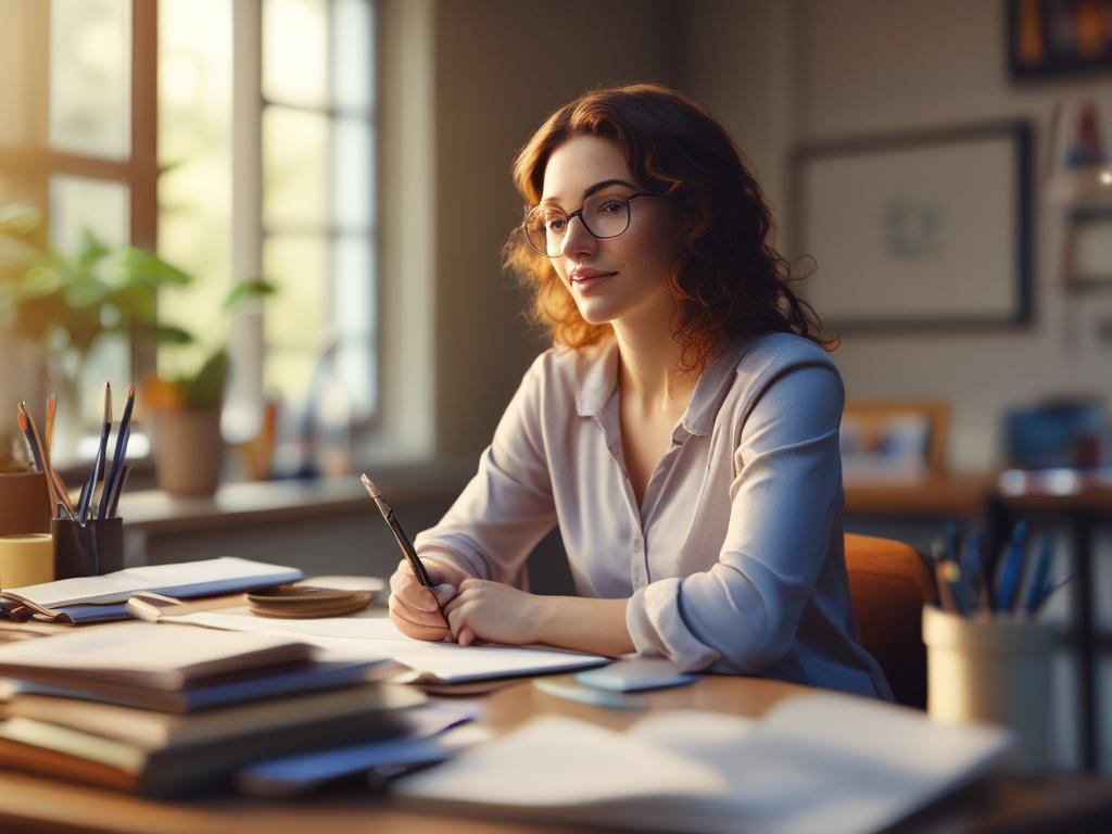 Create a realistic high-resolution photo that embodies the theme of "Combatting Teacher Burnout: Effective Strategies for Wellbeing." The image should feature a single, relatable subject: a teacher sitting at a naturally lit desk in a cozy, well-organized classroom. The teacher, a middle-aged woman with a warm smile, should be engaged in a self-care activity, such as writing in a journal or sipping tea, with a focus on tranquility and reflection. 

The composition should be simple and clear, highlighting th