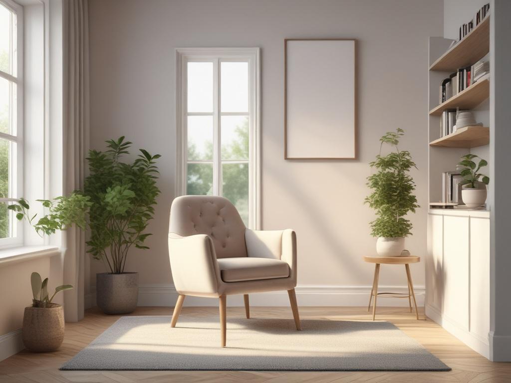 A serene, high-resolution image of a calm coaching environment, featuring a single comfortable armchair in a softly lit room. The background includes gentle greenery visible through a window, creating a peaceful atmosphere. The composition should focus on the armchair, symbolizing a safe space for reflection and conversation, with soft colors and natural light enhancing the tranquility.