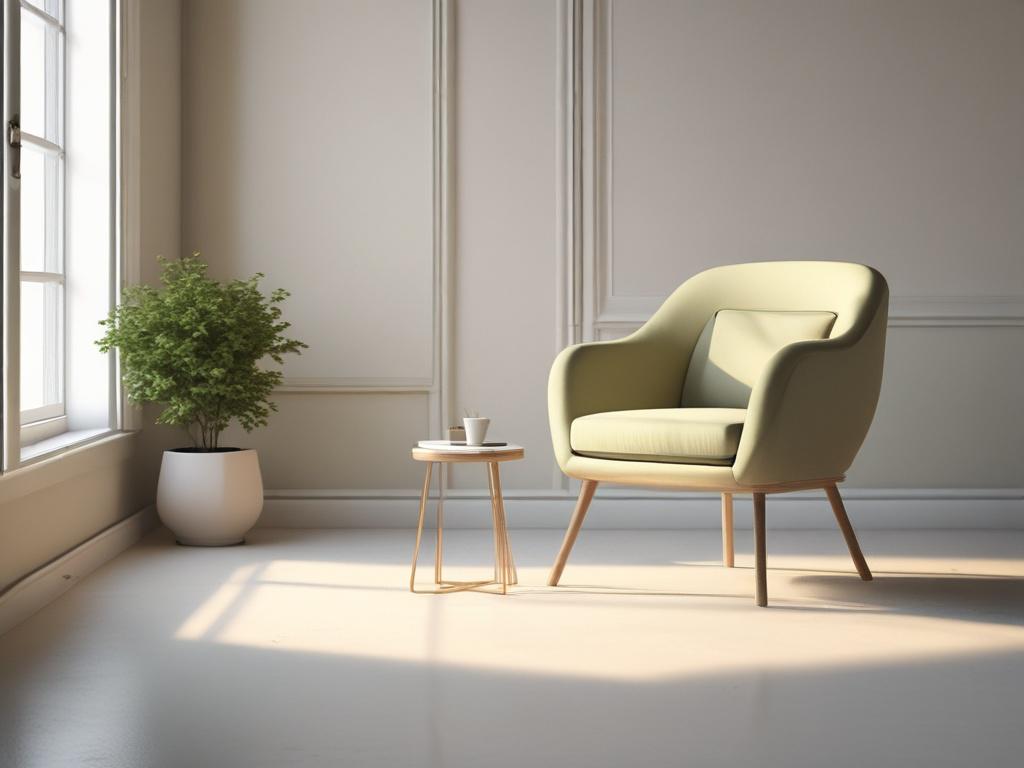A serene and peaceful coaching environment, featuring a comfortable armchair and a small round table with a notebook and a pen. Soft lighting creates a calming atmosphere, with gentle colors like soft greens and warm neutrals. The background shows a window with natural light streaming in, surrounded by plants that add a touch of nature. The scene conveys a sense of reflection and personal growth, inviting educators to explore their challenges and aspirations.