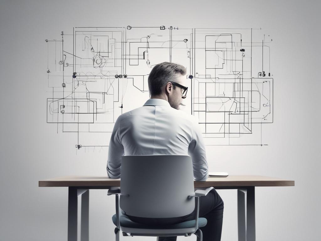 A realistic high-resolution photo of a consultant analyzing space business development strategies. The consultant is a middle-aged professional with short hair, wearing a smart-casual outfit, sitting at a sleek, modern desk with a laptop open in front of them. The background features a large window showing a view of a clear blue sky with a hint of a spacecraft model on a shelf. The composition is minimalistic, with clean lines and simple colors, focusing on the consultant and the laptop screen.