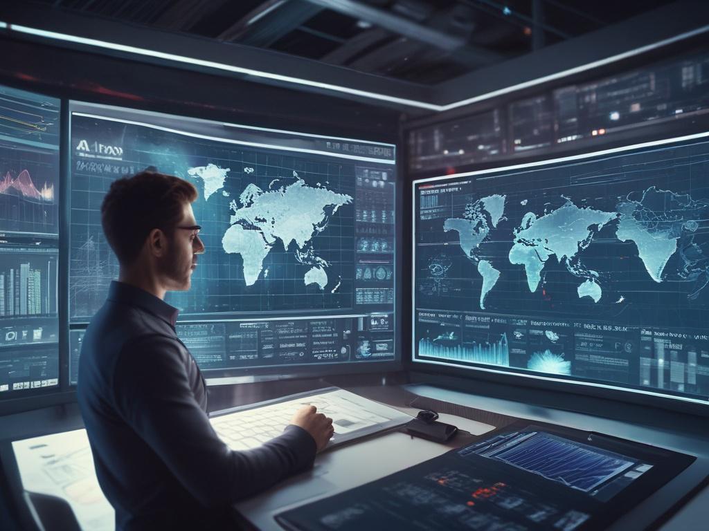 A close-up shot of a professional market researcher analyzing data on a futuristic holographic display, showcasing various charts and graphs related to the space industry. The background is softly blurred to emphasize the researcher and the holographic interface. The color scheme incorporates shades of rgb(193, 153, 87) to create a warm and inviting atmosphere.