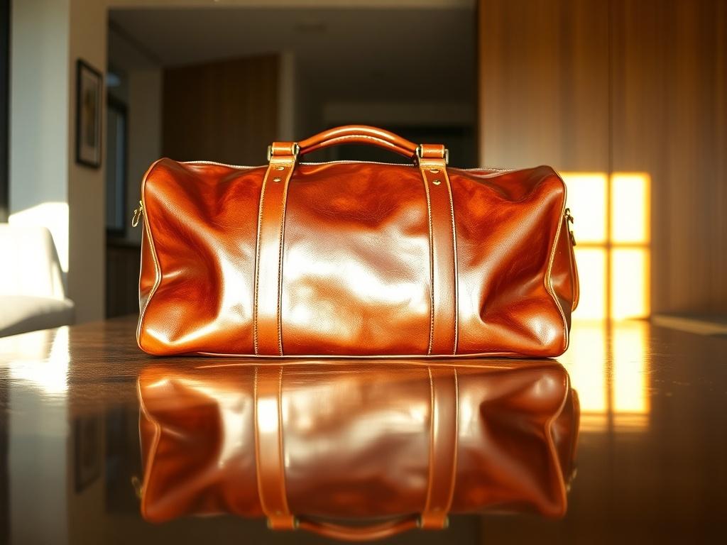 A luxurious Legacy Leather Duffle placed on a polished wooden