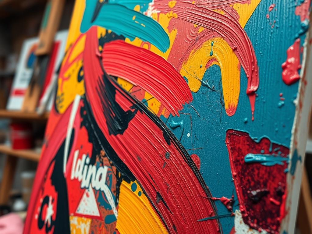 A hyper-realistic close-up of a vibrant abstract artwork in progress, featuring bold strokes and textures. The setting should reflect an artist's studio with tools and canvases in the background, ensuring the focus remains on the artwork. The color theme should resonate with the rgb(50, 170, 39) primary color.