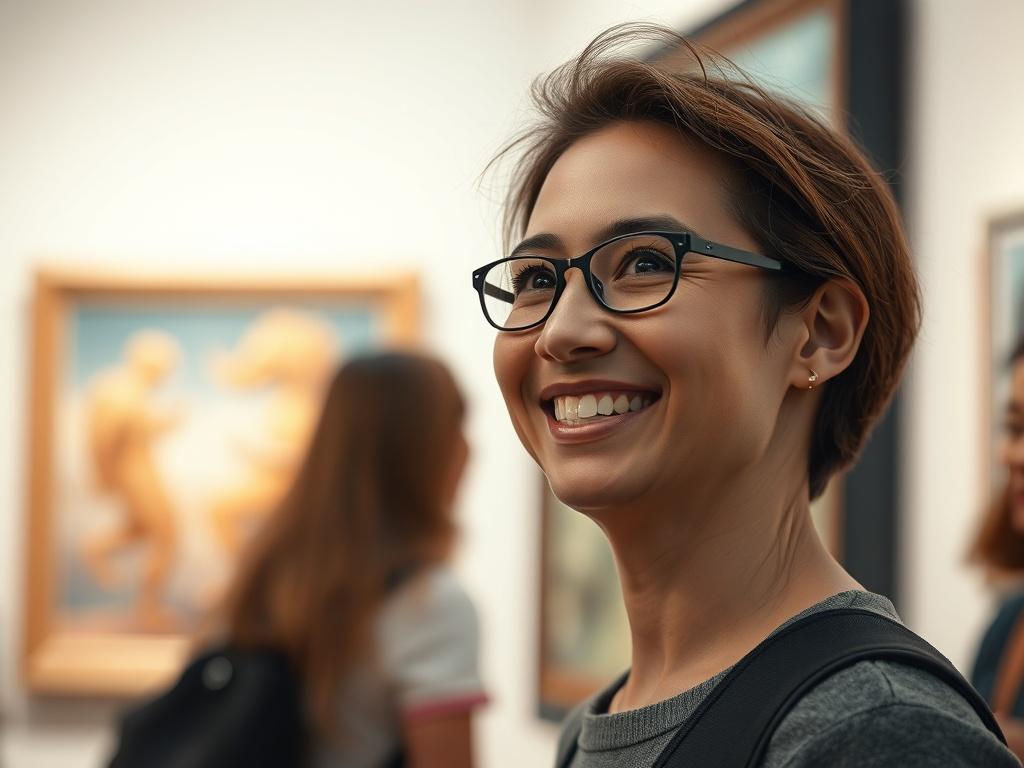 A hyper-realistic close-up of a smiling viewer standing in front of a captivating artwork, with visible emotions of admiration. The background should feature a softly blurred art gallery setting, emphasizing the connection between art and audience. The color theme should align with the rgb(50, 170, 39) primary color.