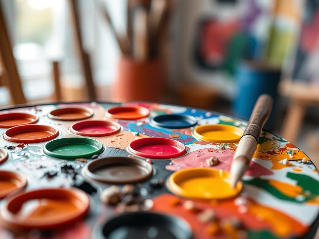 A hyper-realistic close-up of an artist's palette filled with vibrant colors, with a brush resting on the side. The background should be a softly blurred art studio, highlighting the creative environment. The color theme should reflect the rgb(50, 170, 39) primary color.