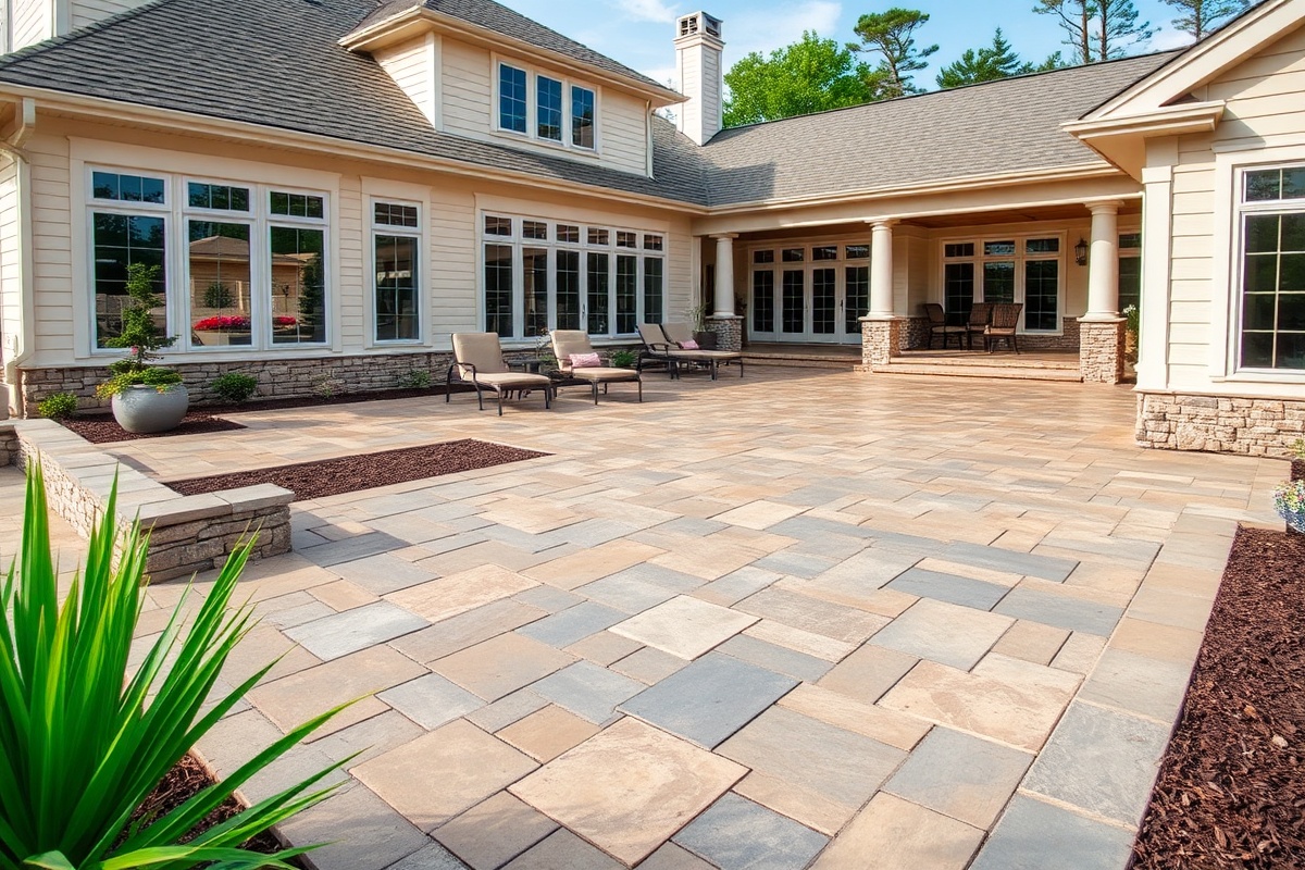 Stamped concrete patio with designer pattern