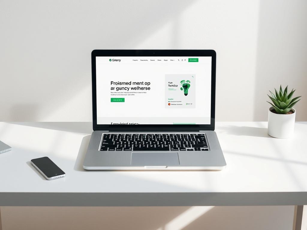 A realistic high-resolution photo of a sleek, modern website displayed on a laptop, set on a minimalist desk with soft natural light. The website shows a clean design with green accents, reflecting the essence of a digital agency. The background is simple and uncluttered, focusing on the laptop and the website.