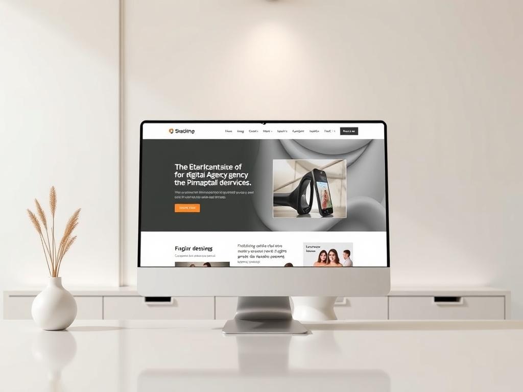 A realistic high-resolution photo of an elegant website displayed on a desktop computer in a chic office setting. The website showcases sophisticated design elements and premium features, illustrating the pinnacle of digital agency services. The background is sleek and stylish, focusing on the computer and the captivating website.