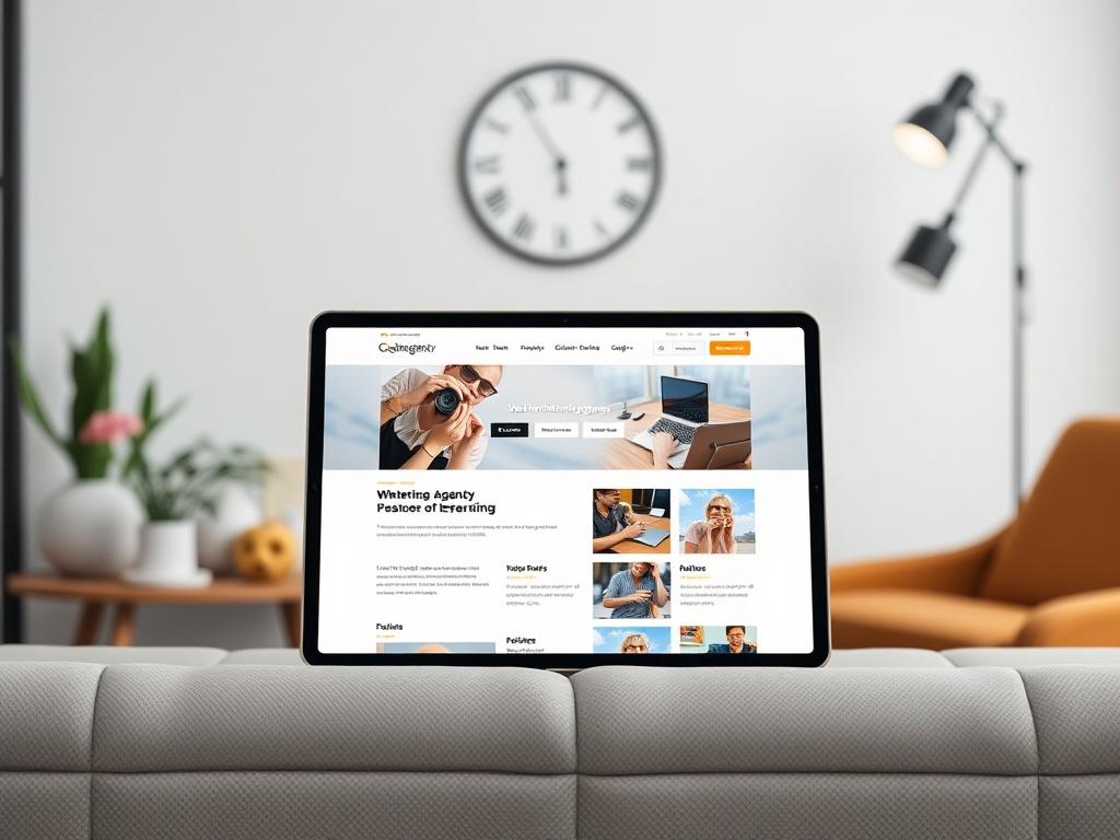 A high-resolution photo of a modern website displayed on a tablet, surrounded by stylish office decor. The website features engaging visuals and a user-friendly interface, emphasizing the digital agency's capabilities. The background is minimalistic, enhancing the focus on the tablet and the vibrant website design.