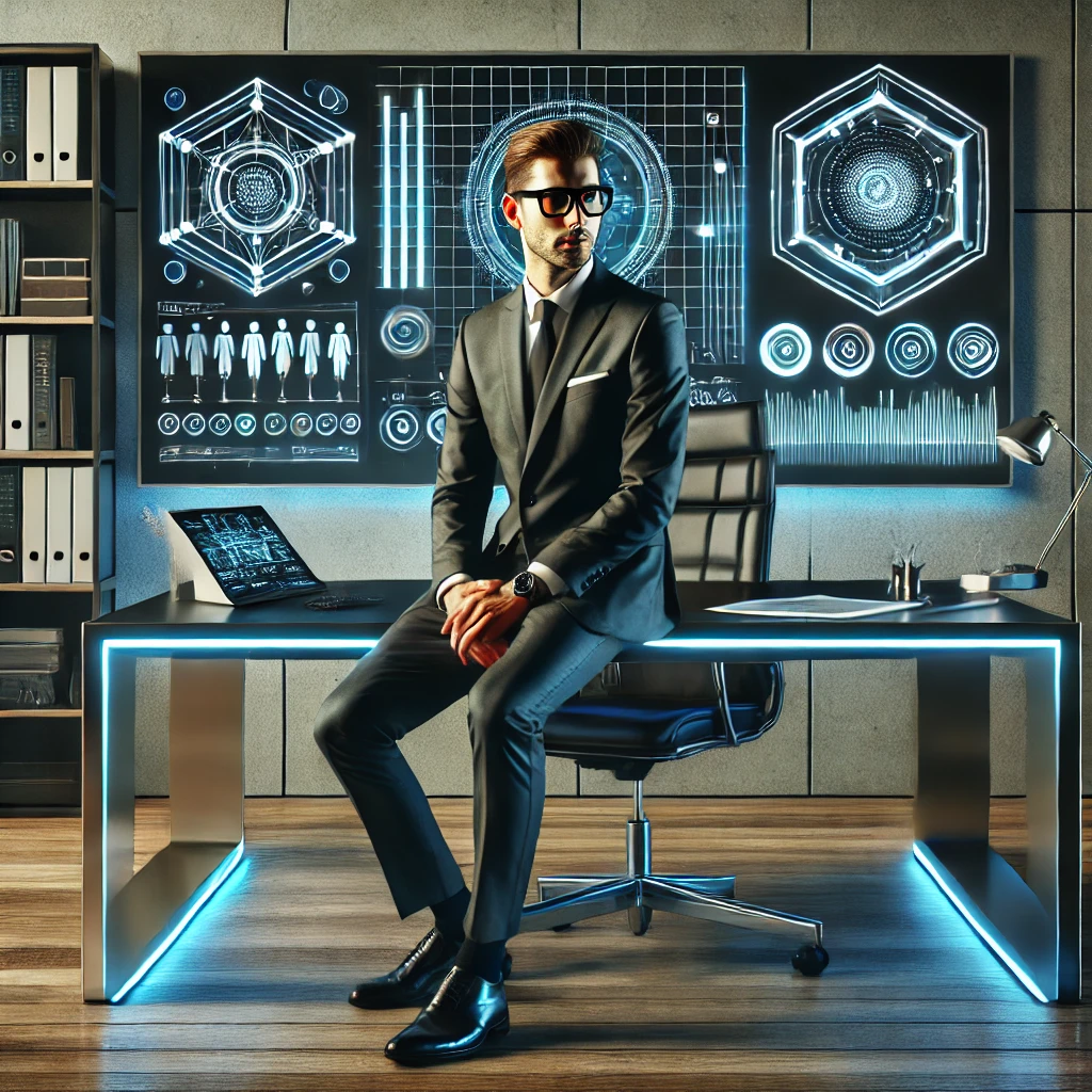 dall·e 2025-01-16 11.10.01 - a sleek, futuristic office setting with a professional man wearing a sharp suit and glasses, sitting behind a modern desk. the environment features ad.webp