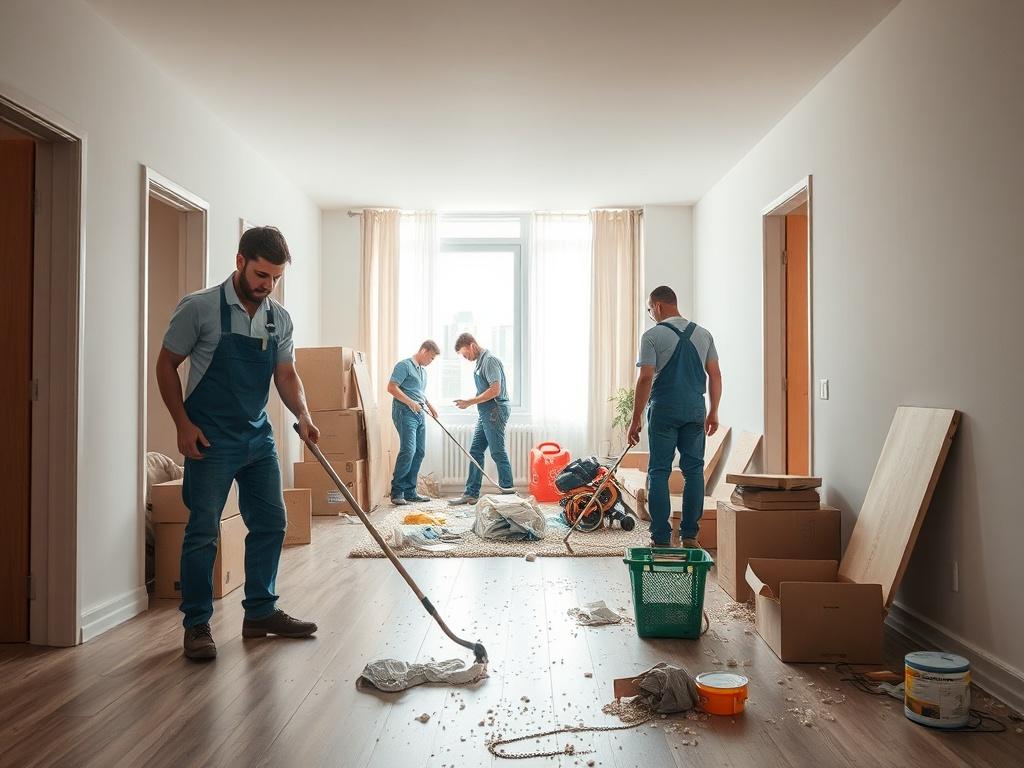 A realistic high-resolution photo of a clean, empty apartment with a team of professionals clearing out debris and items. The focus is on the teamwork involved in efficiently restoring the space, with bright lighting enhancing the scene.