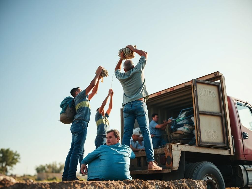 A realistic high-resolution photo of a team of professionals lifting and loading junk into a truck, with a clear blue sky in the background. The scene shows a well-organized work environment, emphasizing teamwork and efficiency.