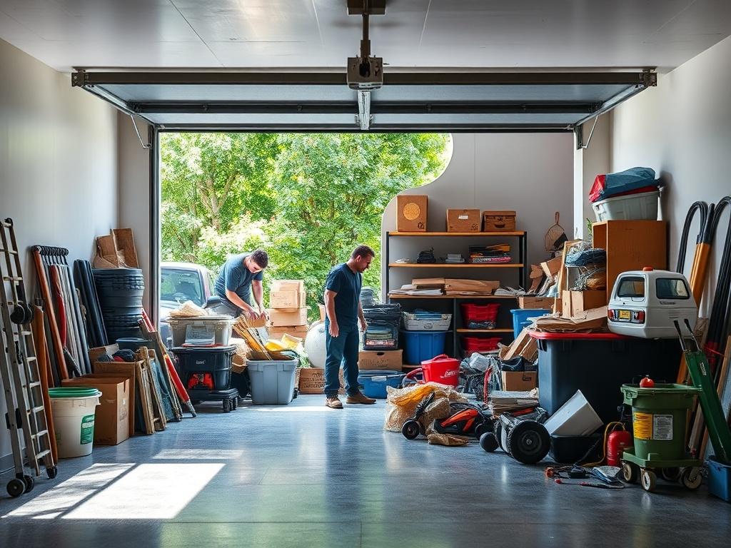 A realistic high-resolution photo of a neatly organized garage after cleanup, showcasing open space and cleared items. The scene includes a small team of professionals sorting and removing junk, with greenery visible through the garage door.