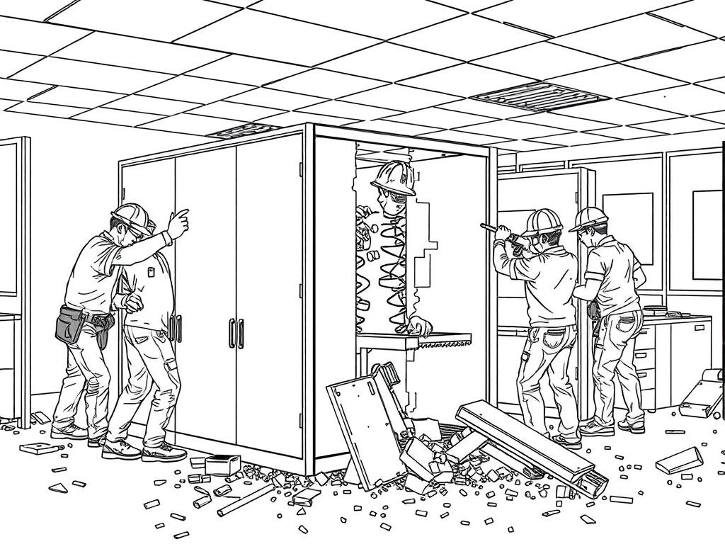 A crisp black line drawing of a demolition crew working on a light demolition project, specifically focused on removing cubicles from an office environment. The scene should depict workers carefully dismantling cubicles with tools, emphasizing safety and teamwork. The background should be a simple office space, with some debris being cleared away, showcasing a clean and organized work environment.