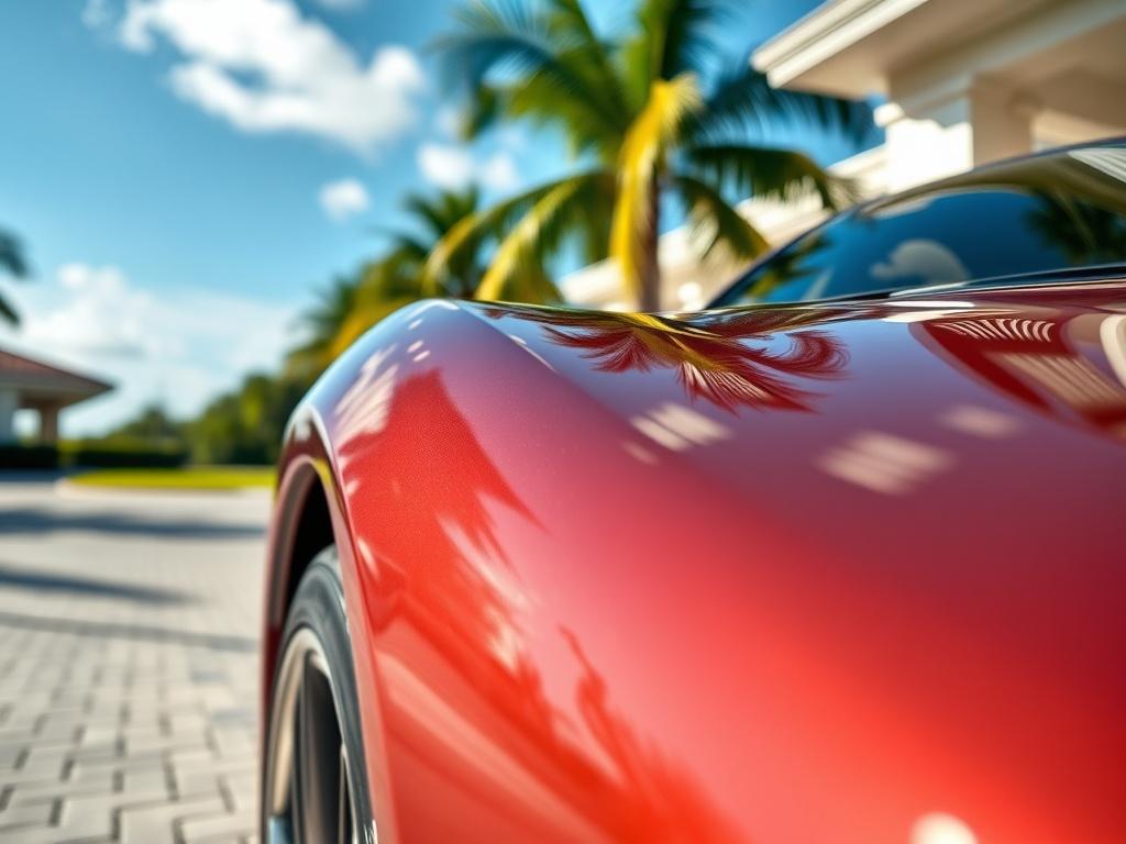 A hyper-realistic close-up shot of a shiny, freshly detailed car in a driveway, showcasing the gleaming surface and intricate detailing work. The background is a picturesque West Palm Beach setting with palm trees and a clear blue sky. The focus is on the car, captured with a 45mm f/1.2 lens style, highlighting the vibrant colors and textures of the vehicle.
