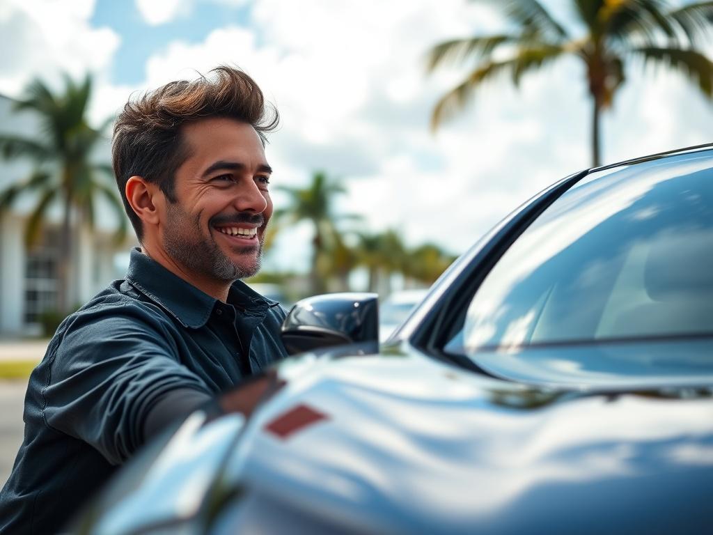 A close-up shot of a satisfied customer admiring their freshly detailed car, with a big smile and a beautiful West Palm Beach backdrop.