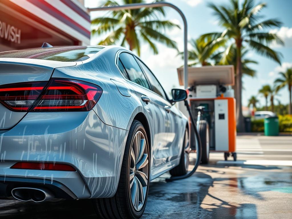 A close-up shot of a mobile car wash vehicle preparing to clean a sedan, showcasing the products and equipment used, with a bright and sunny West Palm Beach background.