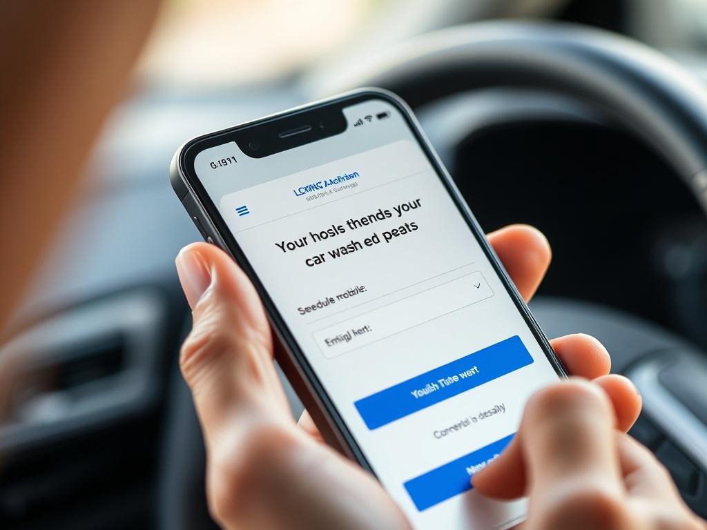 A close-up shot of a smartphone displaying the LCKINGZ Mobile Car Wash & Detailing booking page, with a person happily scheduling their car wash appointment.