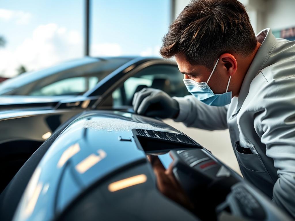 A close-up shot of a technician detailing a car exterior, showcasing the shiny finish and attention to detail, with a visual of the West Palm Beach area in the background.