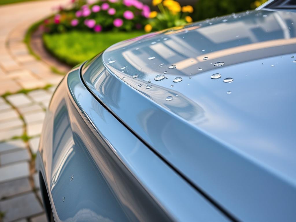 A close-up shot of a shiny sedan with pristine paintwork, showcasing a water droplet effect on its surface, parked in a driveway with green grass and vibrant flowers in the background. The image captures the essence of a freshly washed vehicle, emphasizing the shine and cleanliness. Use hyper-realistic rendering with a focus on the vehicle's details, shot with a 45mm f/1.2 lens style, compatible with rgb(251, 209, 52).
