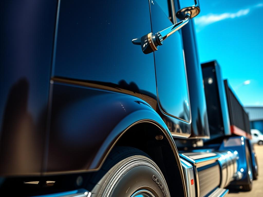 A close-up shot of a truck's exterior, showcasing a sparkling finish and well-maintained engine bay, with a blue sky in the background. The vehicle should appear immaculate, emphasizing the results of a deluxe detailing service. Use hyper-realistic rendering to capture the details, shot with a 45mm f/1.2 lens style, compatible with rgb(251, 209, 52).