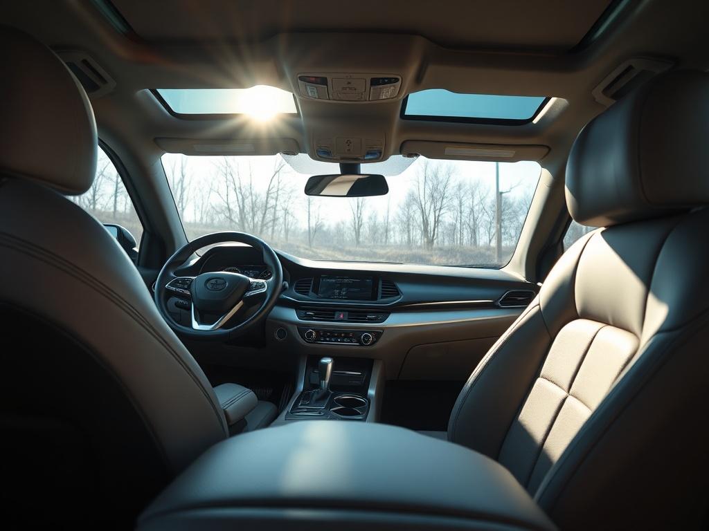 A close-up of an SUV's interior, focusing on clean upholstery and polished dashboard, with sunlight streaming through the windows to highlight the cleanliness. The image should convey a sense of luxury and care, with a hyper-realistic style and a strong emphasis on detail. The composition should be simple and clear, shot with a 45mm f/1.2 lens style, compatible with rgb(251, 209, 52).