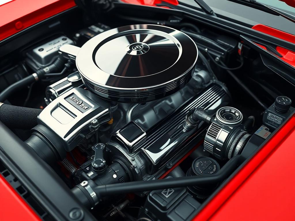 A close-up shot of a gleaming engine bay, highlighting clean parts and polished surfaces, captured with a 45mm f/1.2 lens. The background should be simple and uncluttered, focusing on the engine's shine and cleanliness, with a hint of the vehicle's exterior visible.