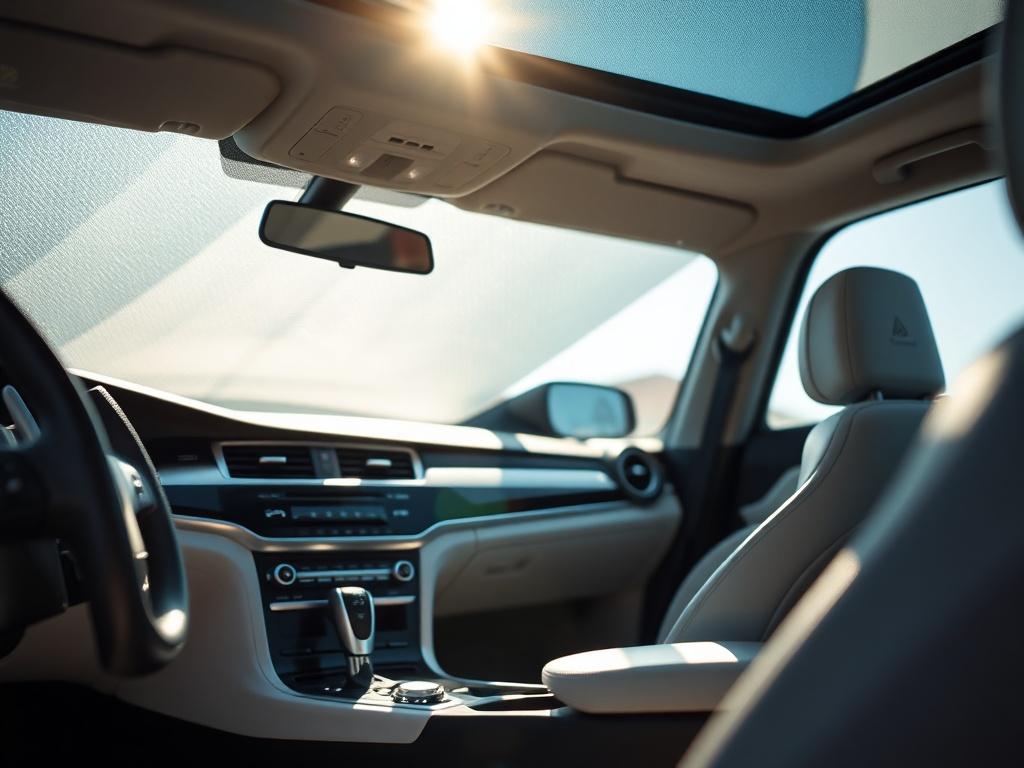 A close-up shot of an interior car space, showcasing a clean dashboard and upholstery, focusing on details like spotless surfaces and shiny controls, captured with a 45mm f/1.2 lens. The background should be simple, perhaps with sunlight streaming in through the windows, enhancing the clean atmosphere.