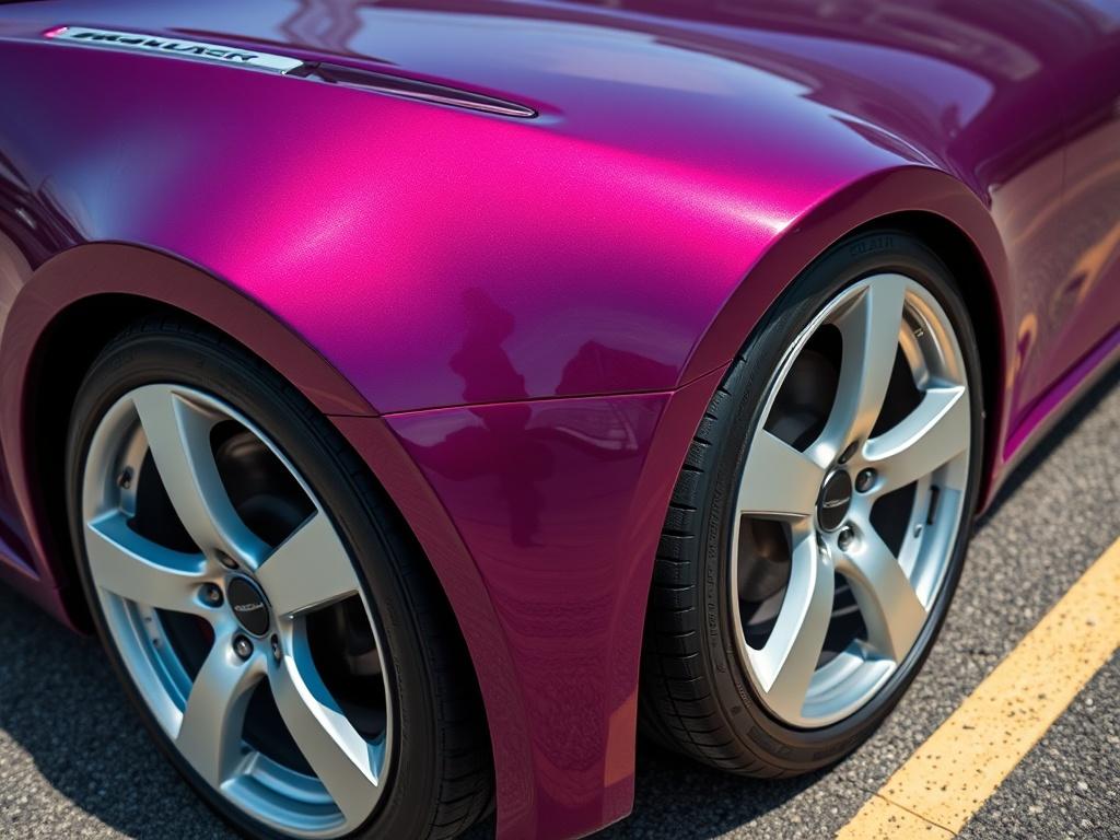 A close-up shot of a clean car exterior, highlighting gleaming paint and spotless wheels, captured with a 45mm f/1.2 lens. The background should be simple, perhaps a driveway or parking lot, emphasizing the car's shine. The color palette should be compatible with rgb(251, 209, 52), reflecting a bright and sunny atmosphere.