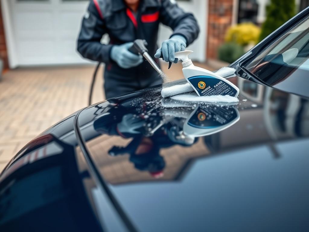 A close up shot of a professional car detailer cleaning