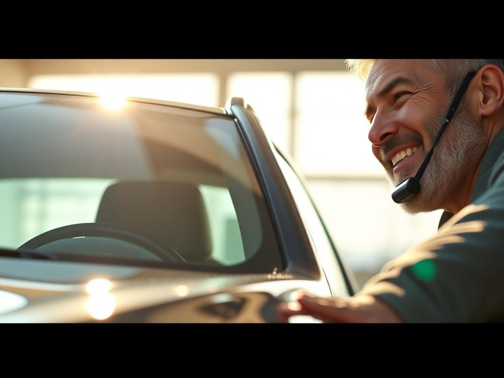 A close up shot of a proud car owner admiring
