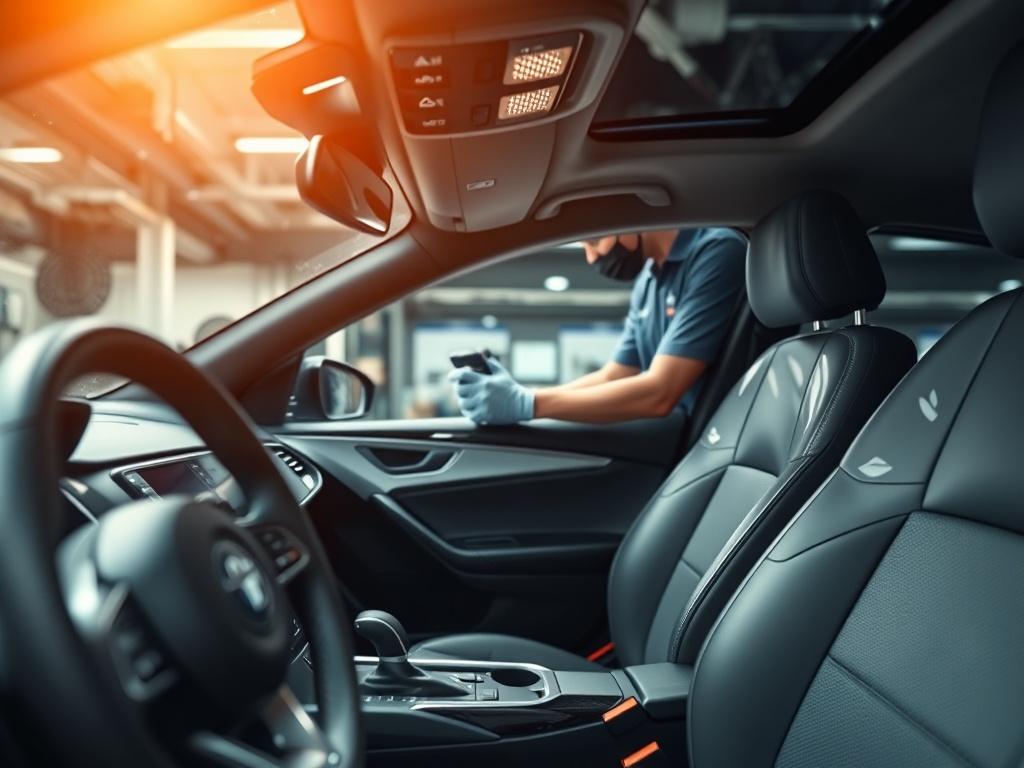A close-up image of a clean and shiny car interior, focusing on the dashboard and seats, with a professional detailer working in the background. The atmosphere should convey a sense of cleanliness and freshness, captured in high-resolution and hyper-realistic style.