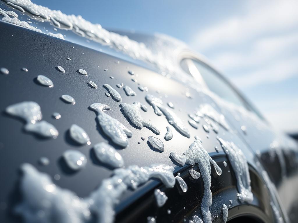 A close-up shot of a car being washed, showcasing water droplets and foam on the surface, with a clear blue sky in the background. The focus should be on the car's shiny surface, highlighting the detailing process. The image should be realistic, high-resolution, and rendered in hyper-realistic style.