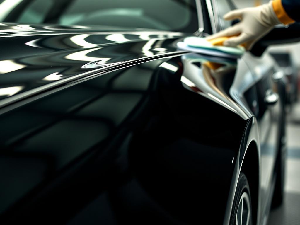 A high-resolution close-up of a polished car exterior, showcasing its shine and reflection, with a detailer applying wax. The background should be blurred to emphasize the car, creating a luxurious and appealing atmosphere in hyper-realistic style.
