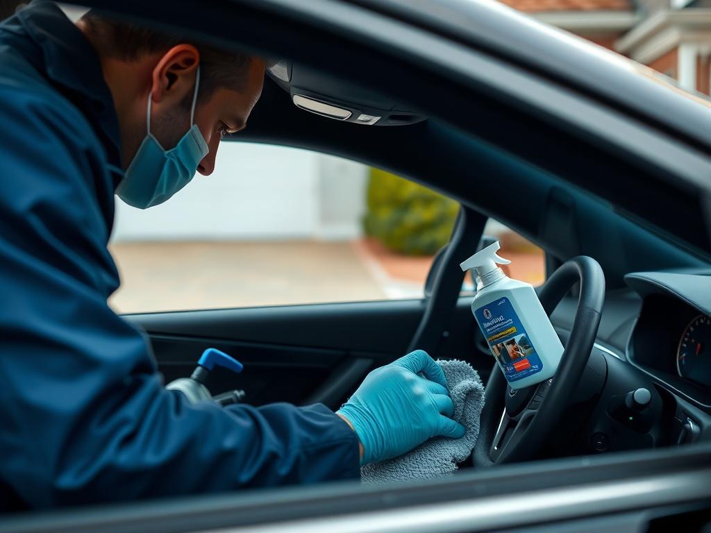 A close-up shot of a car detailing session, showing a technician cleaning the interior with high-quality products. The background features a tidy driveway, shot with a 45mm f/1.2 lens style, capturing the meticulous attention to detail and the pristine condition of the car.