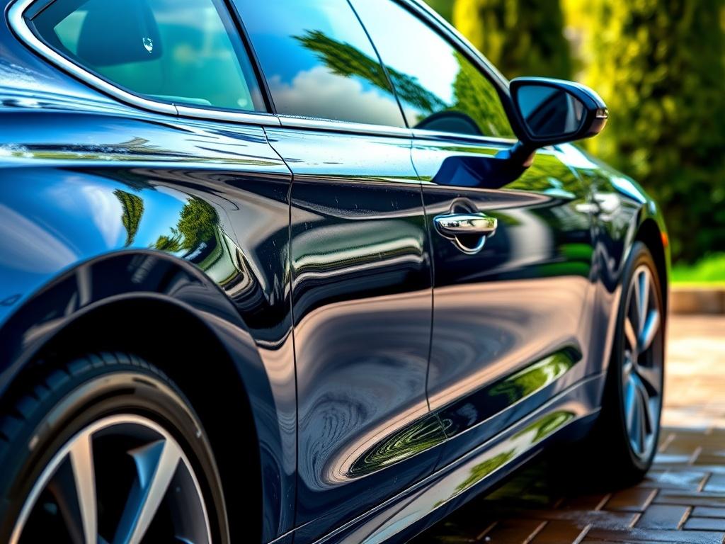 A close-up shot of a shiny car exterior after a wash, highlighting the clean windows and sparkling wheels. The background should be a driveway setting with greenery, shot with a 45mm f/1.2 lens style, emphasizing the vibrant colors of the car against the natural setting.