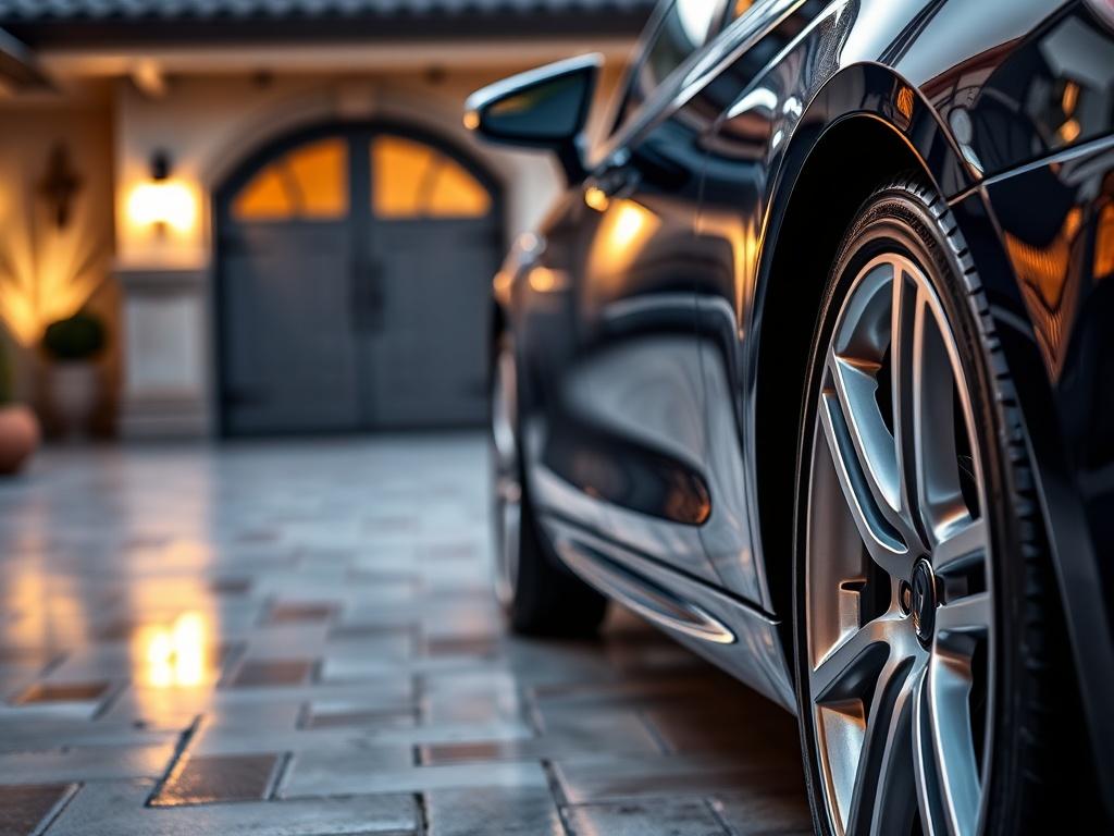 A close-up shot of a gleaming car after a deluxe detailing service, showcasing the glossy finish and shining wheels. The background should depict an upscale driveway with soft lighting, shot with a 45mm f/1.2 lens style, highlighting the luxury and care involved in the detailing process.