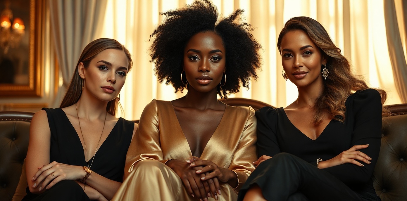 Three elegant women representing Forever Vintage luxury fragrance brand