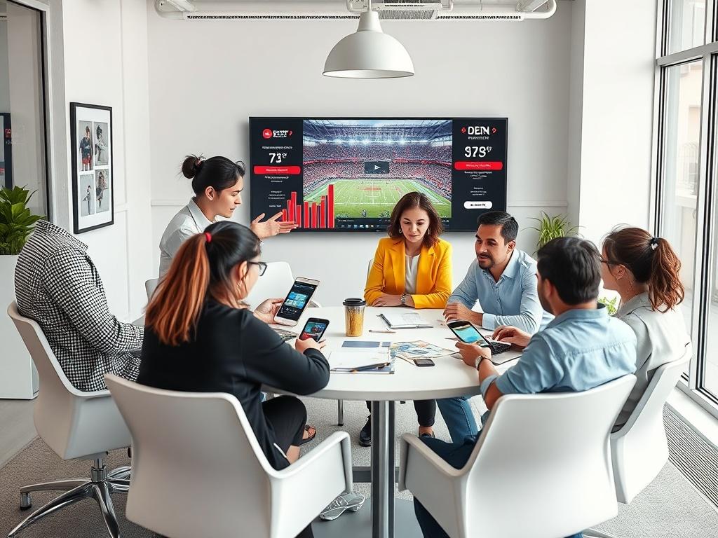 A marketing team brainstorming in a bright office space, surrounded