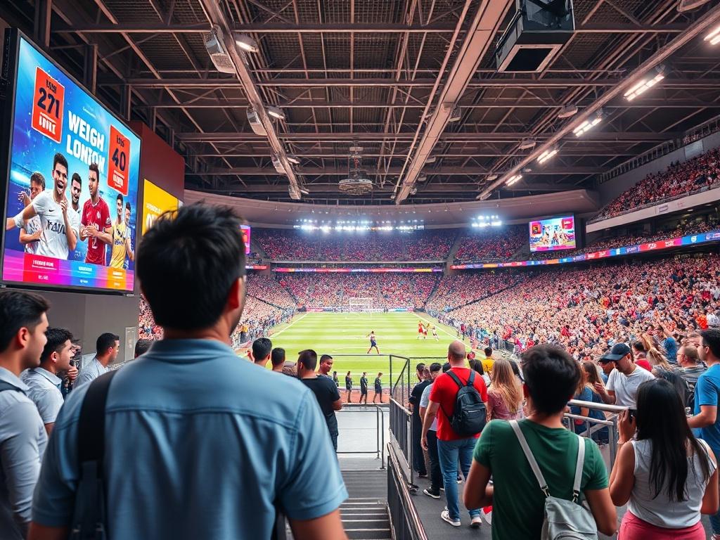 A dynamic marketing campaign for a sports event, featuring eye-catching posters and social media graphics displayed on digital screens, with people engaging and sharing enthusiasm at a bustling sports venue.