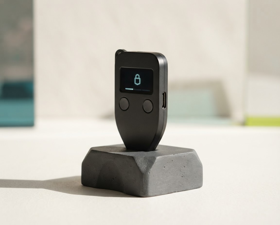 Black hardware wallet device photographed upright on a dark plinth against a warm studio background