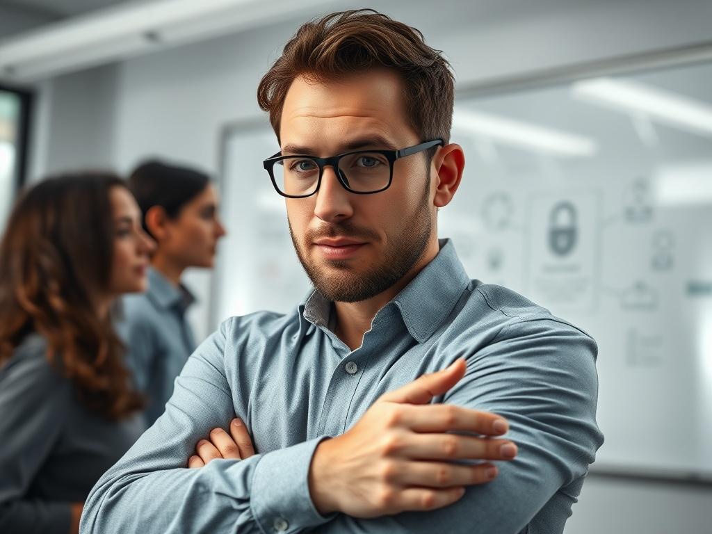 A dynamic shot of a male IT expert discussing cybersecurity
