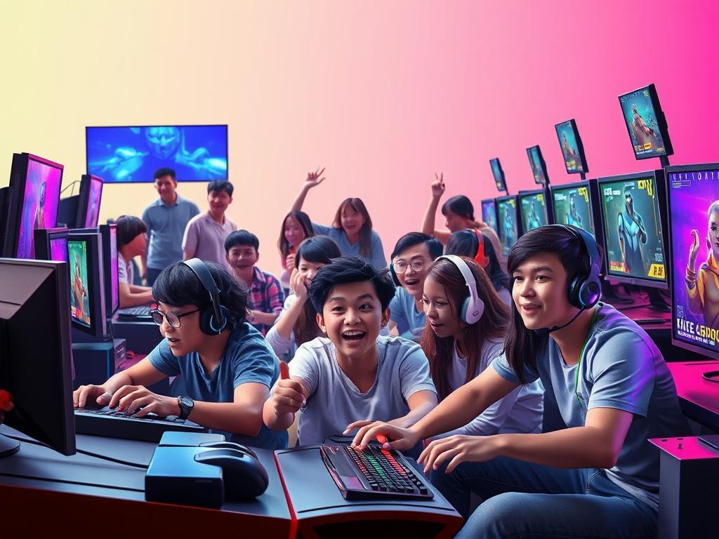 A vibrant gaming scene featuring a diverse group of players