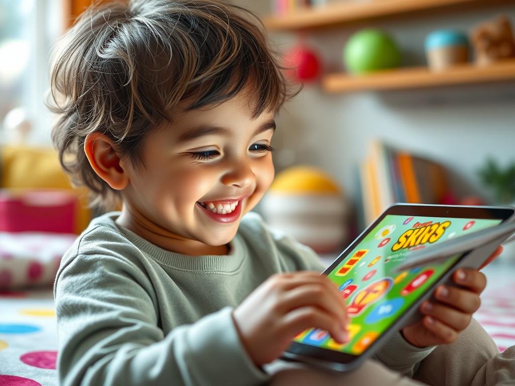 A close-up shot of a child engaged in a colorful interactive reading game on a tablet, with a bright and inviting background that includes elements of a cozy reading nook. The child is smiling, showing joy and concentration while interacting with the game. The scene is filled with vibrant colors that reflect a playful learning environment, emphasizing fun and education.
