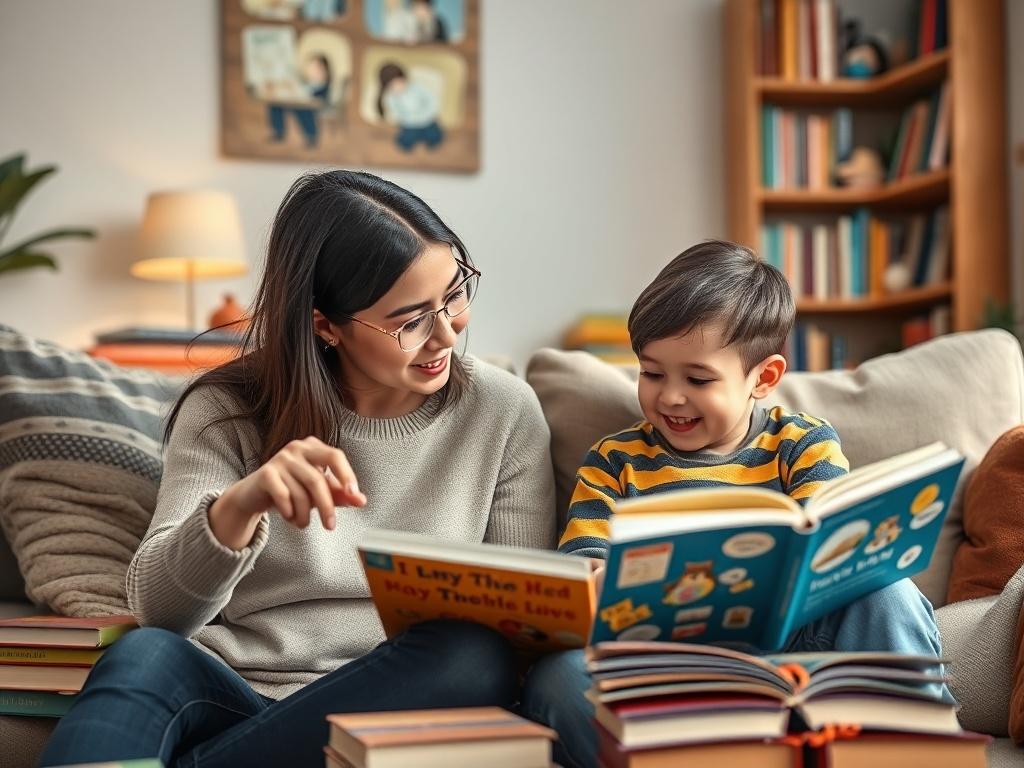 A realistic high-resolution photo of a parent and child sitting together in a cozy living room, surrounded by colorful books and reading materials. The parent is pointing at a book while the child looks engaged and happy. The setting should have a warm, inviting feel with soft lighting, and a focus on the interaction between the two. The background should display shelves filled with books, a comfortable couch, and a few playful reading accessories.