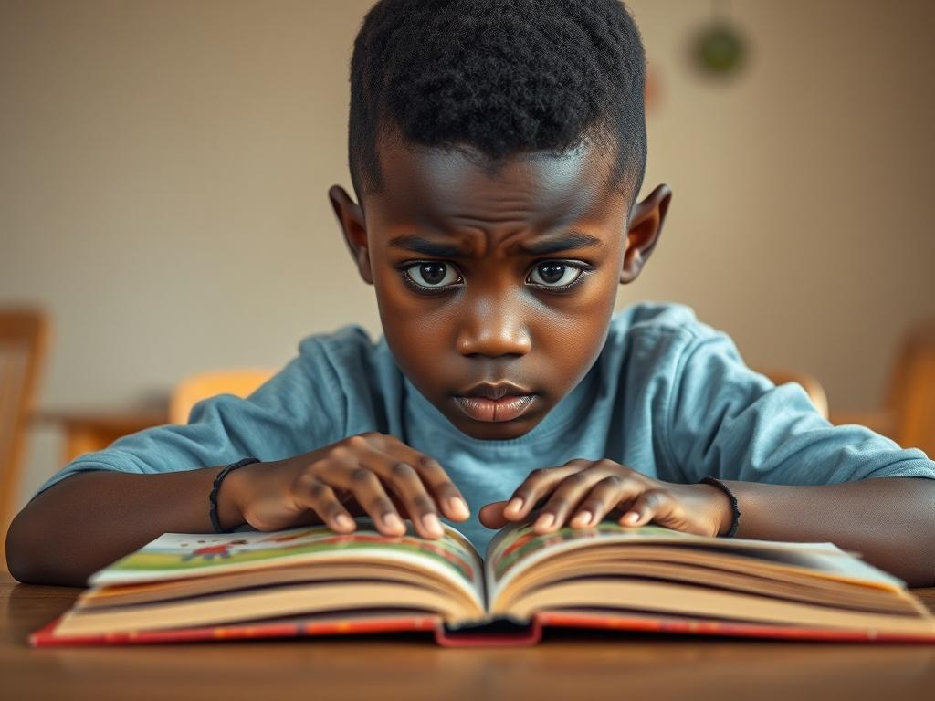 A close-up shot of an 8-year-old Nigerian boy looking frustrated while sitting at a table. In front of him is an open storybook with colorful illustrations, and his hands are resting on the pages. The background is softly blurred to keep the focus on the boy and the book. The lighting is warm and inviting, highlighting the boy's expression of determination mixed with frustration.